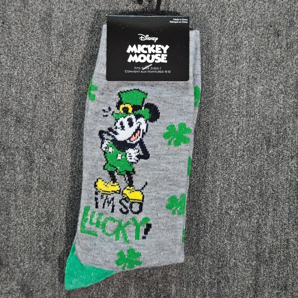 Disney Mickey Mouse St Patricks Day Leprechaun Lucky Gray Crew‎ Socks NWT 6-12